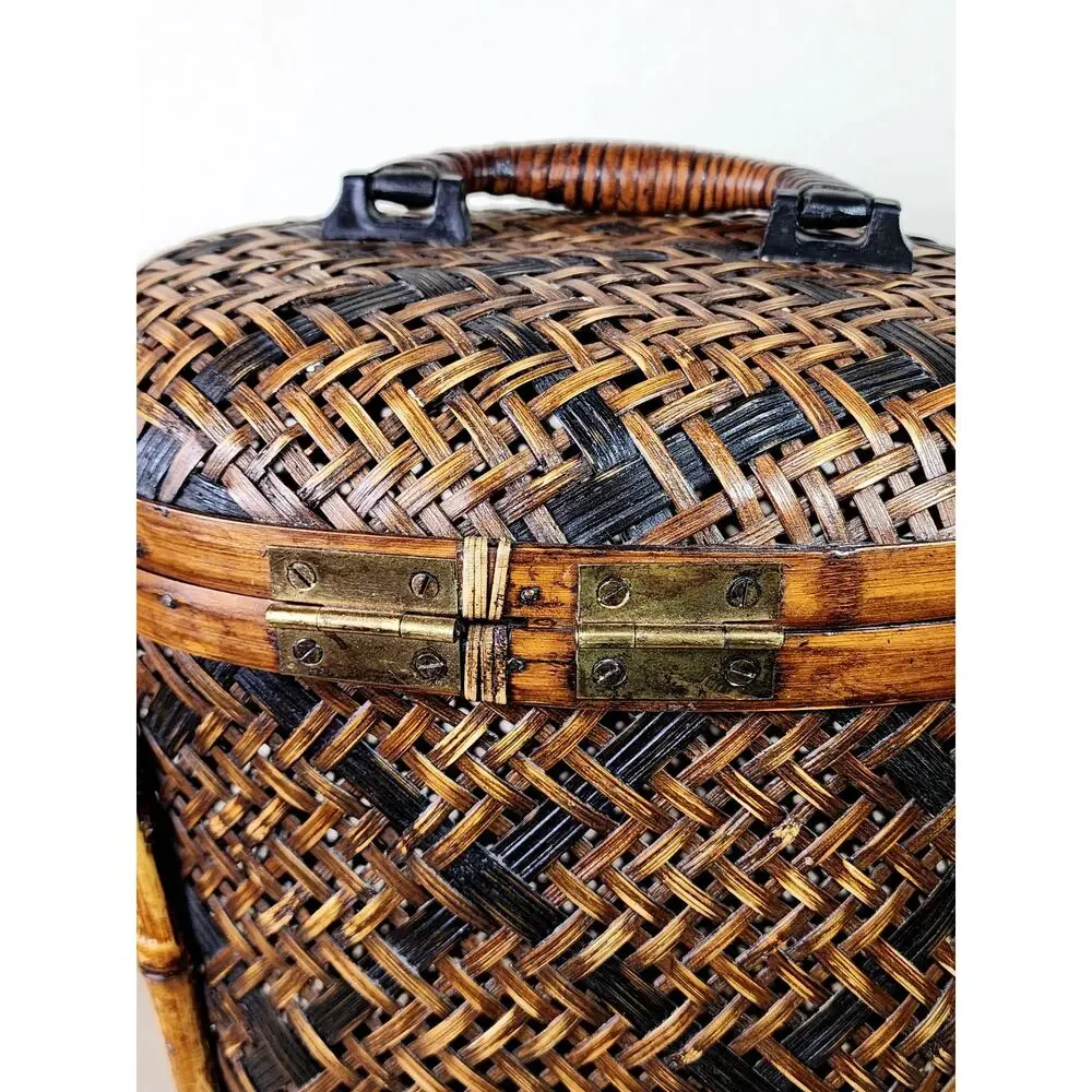Woven Rattan Lidded Large Basket w/ Lid Brass Accent Asian Inspired 80s Vintage